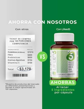 Probióticos 50 Billones, Prebióticos, Enzimas Digestivas, Vitamina C y Zinc LIFEED5 Lifeed5 con enzimas digestivas y probióticos