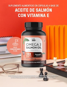 Suplemento alimenticio con omega 3, aceite de salmón con DHA y EPA de 180 cápsulas Life360+