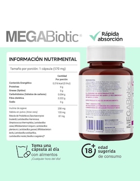 Probióticos 60 Billones y 11 Cepas e Inulina de Agave Megabiotic con enzimas digestivas y probióticos
