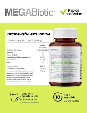 Probióticos 120 billones y 11 cepas inulina de agave y aloe vera Megabiotic con enzimas digestivas y probióticos de 540 mg