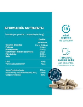 Glucosamina, Condroitina, Colágeno Hidrolizado, Calcio y Vitamina, Suplemento para Articulaciones, Huesos y Músculos 120 Cápsulas Lifeed5