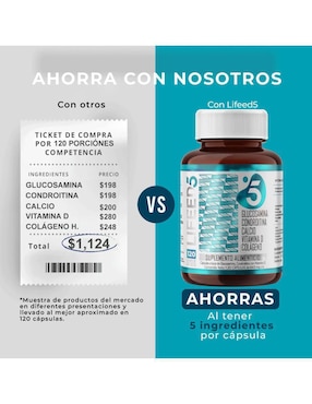 Glucosamina, Condroitina, Colágeno Hidrolizado, Calcio y Vitamina, Suplemento para Articulaciones, Huesos y Músculos 120 Cápsulas Lifeed5