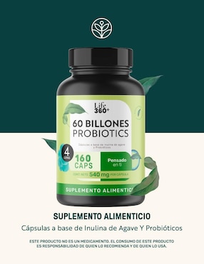 Probióticos 60 billones y prebióticos inulina de agave 160 cápsulas Life360+ con enzimas digestivas y probióticos