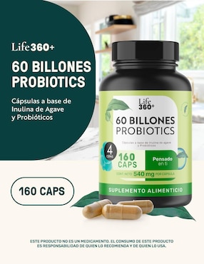 Probióticos 60 billones y prebióticos inulina de agave 160 cápsulas Life360+ con enzimas digestivas y probióticos