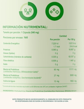 Probióticos 60 billones y prebióticos inulina de agave 160 cápsulas Life360+ con enzimas digestivas y probióticos
