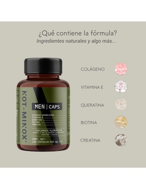 Cápsulas para Crecimiento de Cabello, Barba y Bigote NOT-MINOX Not Minox con colágeno, vitamina e, queratina, biotina y creatina