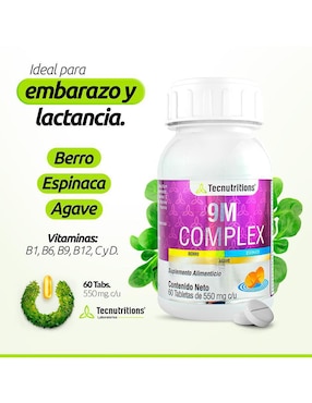 9M Complex Tecnutritions con ácido folico, semilla de uva, keratina , vitamina d3, hierro, dióxido de silicio de 60 tabletas