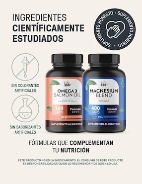 Set de suplementos omega 3 salmon oil + magnesium mix 4 tipos de magnesio Life360+
