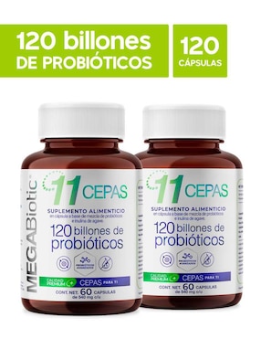 2 pack probióticos 120 billones 11 cepas e inulina de agave Megabiotic con probióticos, inulina de agave y aloe vera de 60 cápsulas