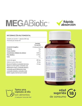 2 pack probióticos 120 billones 11 cepas e inulina de agave Megabiotic con probióticos, inulina de agave y aloe vera de 60 cápsulas