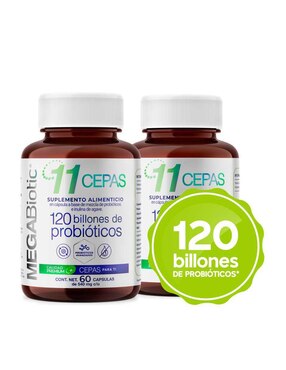 2 pack probióticos 120 billones 11 cepas e inulina de agave Megabiotic con probióticos, inulina de agave y aloe vera de 60 cápsulas