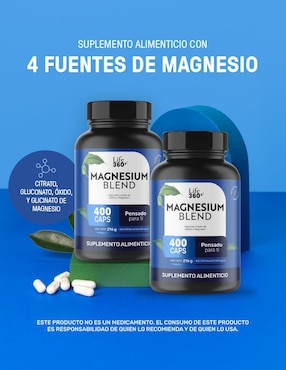 Set de suplementos alimenticios 2pack magnesium mix 4 tipos de magnesio, citrato, glicinato, gluconato y óxido de magnesio con 400 cápsulas. Life360+