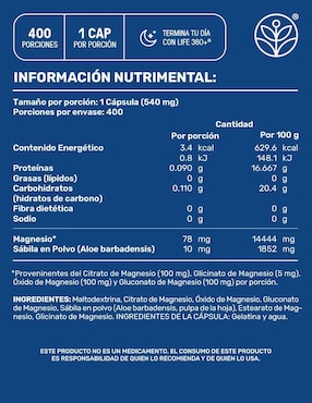 Set de suplementos alimenticios 2pack magnesium mix 4 tipos de magnesio, citrato, glicinato, gluconato y óxido de magnesio con 400 cápsulas. Life360+