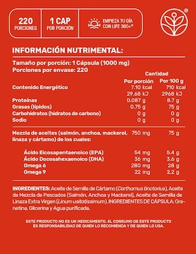Omg 3: omega 3 con mix de aceites + epa + dha + omega 6 + omega 9 Life360+ con aceite de salmón, aceite de anchoa y aceite de mackerel de 220 cápsulas