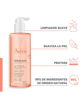 Limpiador facial Xeracalm nutrition gel limpiador higiene suave para piel seca y sensible rostro y cuerpo 500 ml Avène para calmar la piel