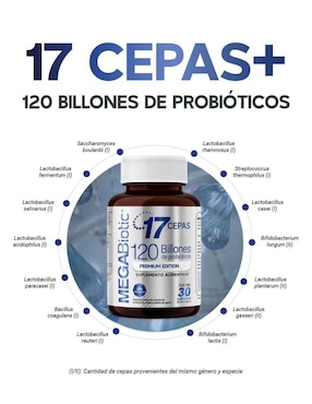 Probióticos (premium edition) sin lactosa 120 billones y 17 cepas Megabiotic con inulina de agave y aloe vera de 30 cápsulas