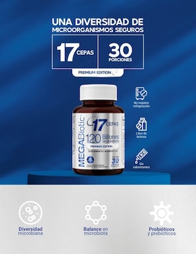 Probióticos (premium edition) sin lactosa 120 billones y 17 cepas Megabiotic con inulina de agave y aloe vera de 30 cápsulas