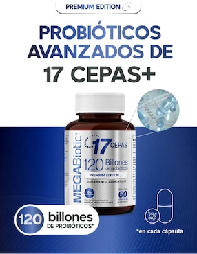 Probióticos sin lactosa 120 billones y 17 cepas Megabiotic con probióticos, inulina de agave y aloe vera de 60 cápsulas
