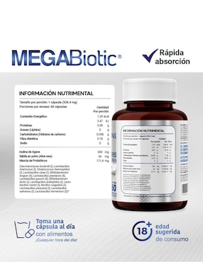Probióticos sin lactosa 120 billones y 17 cepas Megabiotic con probióticos, inulina de agave y aloe vera de 60 cápsulas
