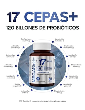 Probióticos sin lactosa 120 billones y 17 cepas Megabiotic con probióticos, inulina de agave y aloe vera de 60 cápsulas