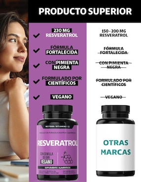 Resveratrol, semilla de uva, Acai en polvo, Vitamina C, Pimienta negra Beyond Vitamins con resveratrol sabor natural de 180 cápsulas