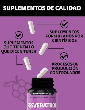 Resveratrol, semilla de uva, Acai en polvo, Vitamina C, Pimienta negra Beyond Vitamins con resveratrol sabor natural de 180 cápsulas