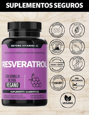 Resveratrol, semilla de uva, Acai en polvo, Vitamina C, Pimienta negra Beyond Vitamins con resveratrol sabor natural de 180 cápsulas