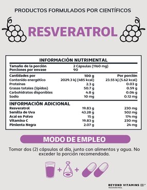 Resveratrol, semilla de uva, Acai en polvo, Vitamina C, Pimienta negra Beyond Vitamins con resveratrol sabor natural de 180 cápsulas
