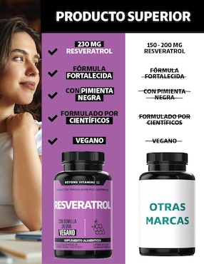 Resveratrol, semilla de uva, acai en polvo, vitamina C, pimienta negra Beyond Vitamins con resveratrol sabor natural de 60 cápsulas