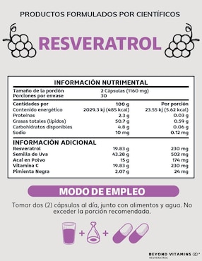 Resveratrol, semilla de uva, acai en polvo, vitamina C, pimienta negra Beyond Vitamins con resveratrol sabor natural de 60 cápsulas