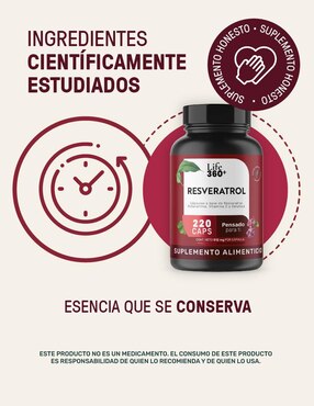 Resveratrol, Astaxantina y Vitamina C Life 360+ Antioxidante de 1024 mg por porción.