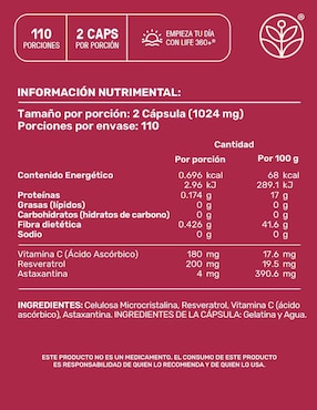 Resveratrol, Astaxantina y Vitamina C Life 360+ Antioxidante de 1024 mg por porción.