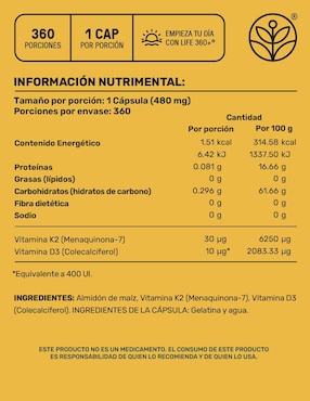 K2D3: Vitaminas: K2 y D3 360 cápsulas Life360+ con vitamina K2 y vitamina D3