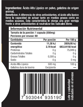 Ácido Alfa Lipoico ALA Skin Vit Nutrition Company con ácido alfa lipoico sabor natural de 60 cápsulas
