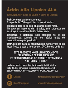 Ácido Alfa Lipoico ALA Skin Vit Nutrition Company con ácido alfa lipoico sabor natural de 60 cápsulas