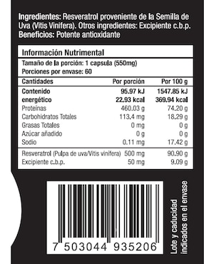 Resveratrol Skin Vit Nutrition Company sabor natural de 60 cápsulas