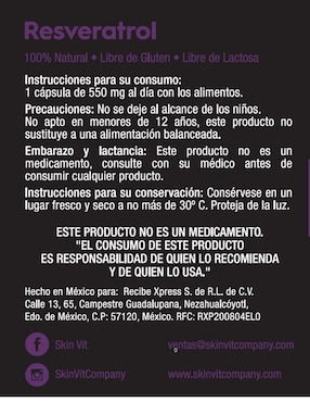Resveratrol Skin Vit Nutrition Company sabor natural de 60 cápsulas