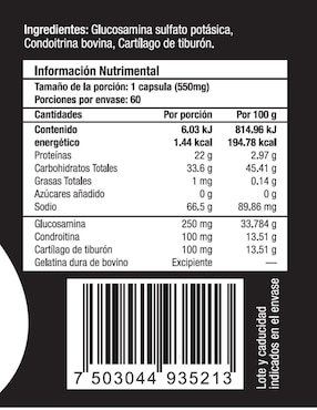 Glucosamina, Condroitina y Cartílago de Tiburón Skin Vit Nutrition Company con glucosamina, condroitina y msm sabor natural de 60 cápsulas