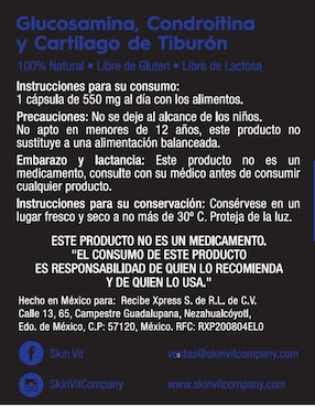 Glucosamina, Condroitina y Cartílago de Tiburón Skin Vit Nutrition Company con glucosamina, condroitina y msm sabor natural de 60 cápsulas