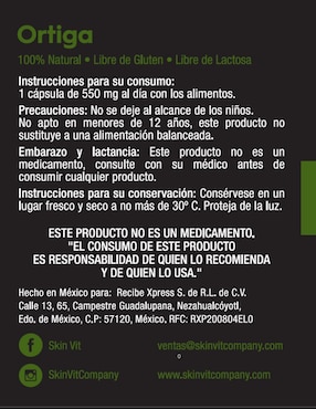 Ortiga Skin Vit Nutrition Company sabor natural de 60 cápsulas