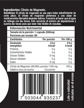 Citrato de Magnesio Skin Vit Nutrition Company sabor natural de 60 cápsulas