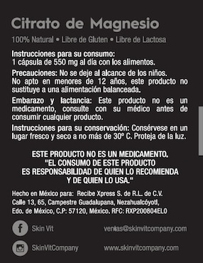 Citrato de Magnesio Skin Vit Nutrition Company sabor natural de 60 cápsulas