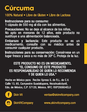 Cúrcuma Skin Vit Nutrition Company 60 Cápsulas Skin Vit Nutrition Company sabor natural de 60 cápsulas
