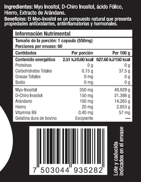 Myo & D-Chiro Inositol Skin Vit Nutrition Company 60 Cápsulas Skin Vit Nutrition Company con inositol sabor natural de 60 cápsulas