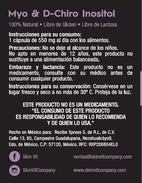 Myo & D-Chiro Inositol Skin Vit Nutrition Company 60 Cápsulas Skin Vit Nutrition Company con inositol sabor natural de 60 cápsulas