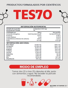 Testo Premium Vegano Beyond Vitamins con fenogreco, maca, l arginina, zinc, vitamina d3, ácido aspártico, l-citrulina y creatina monohidratada de 60 cápsulas