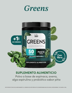 Greens: Suplemento en polvo a base de espinaca, avena, arándano, espirulina y probióticos Life360+ con resveratrol sabor piña