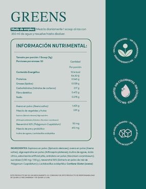 Greens: Suplemento en polvo a base de espinaca, avena, arándano, espirulina y probióticos Life360+ con resveratrol sabor piña
