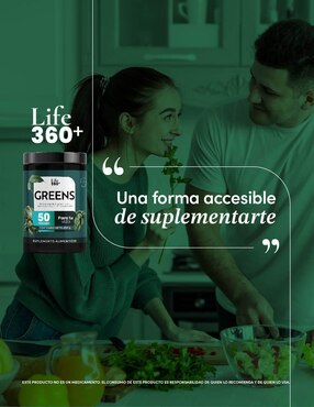 Greens: Suplemento en polvo a base de espinaca, avena, arándano, espirulina y probióticos Life360+ con resveratrol sabor piña