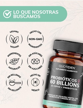 Probioticos 60 Billion + Prebióticos Quotidien con probióticos, prebióticos, inulina de agave y aloe vera de 60 cápsulas